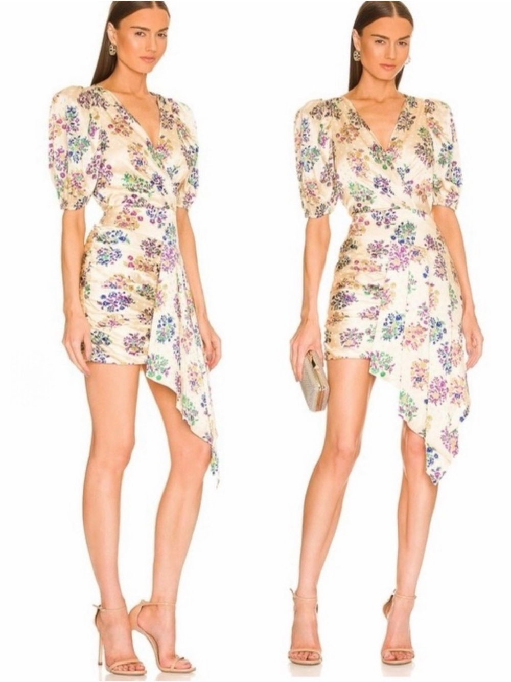 RONNY KOBO Monica Silk Floral Print Ruched  Waist Short Sleeve V Neck Mini Dress